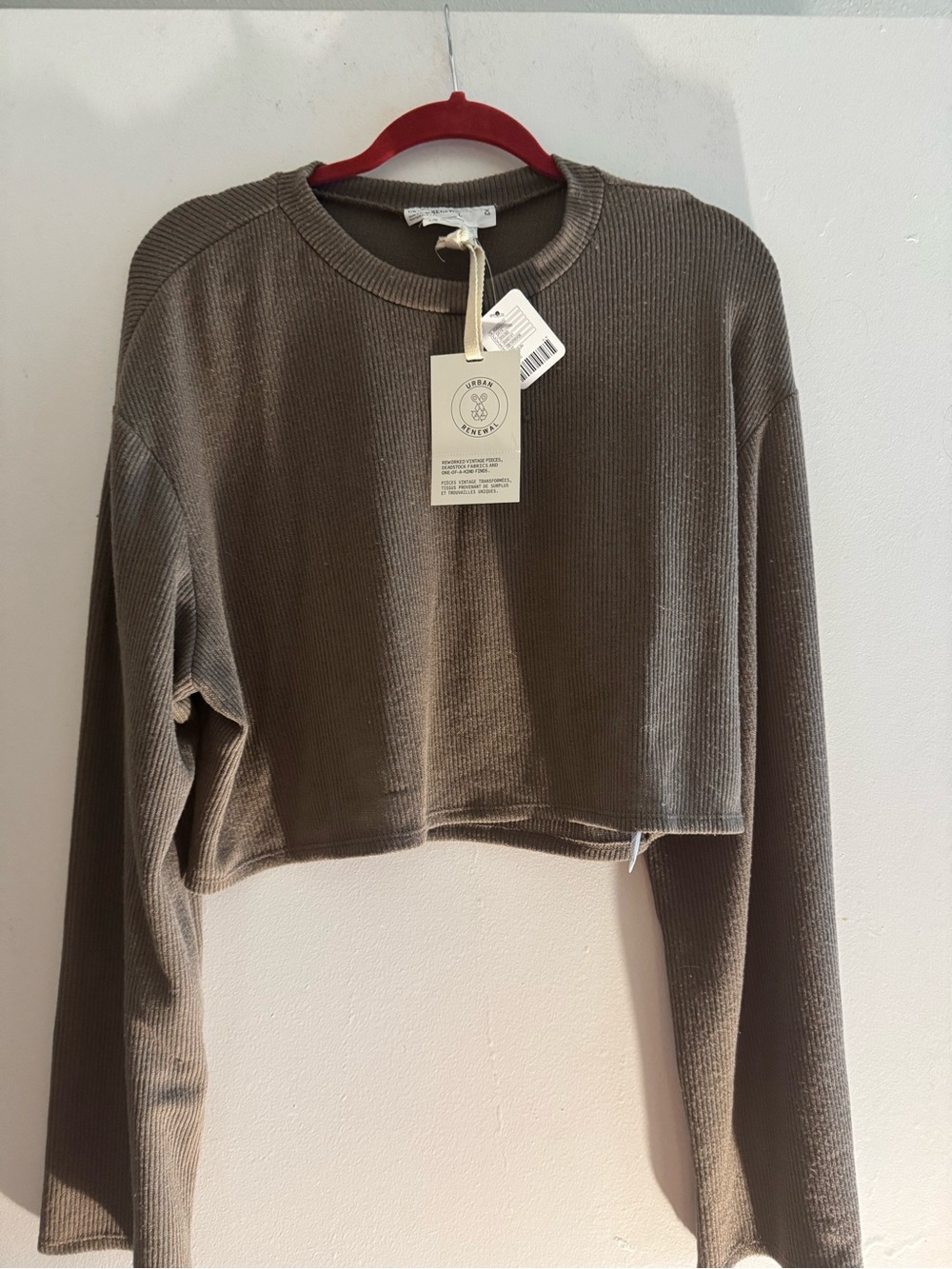 Urban Renewal Cropped Ribbed Long-Sleeve Top - Taupe Size L
